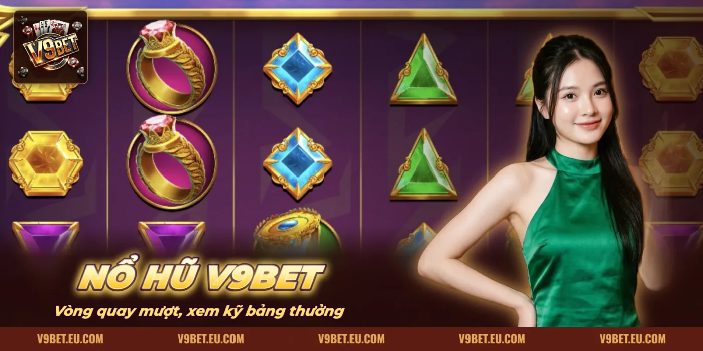 Giao diện game nổ hũ với dàn cuộn quay và nút quay của V9BET